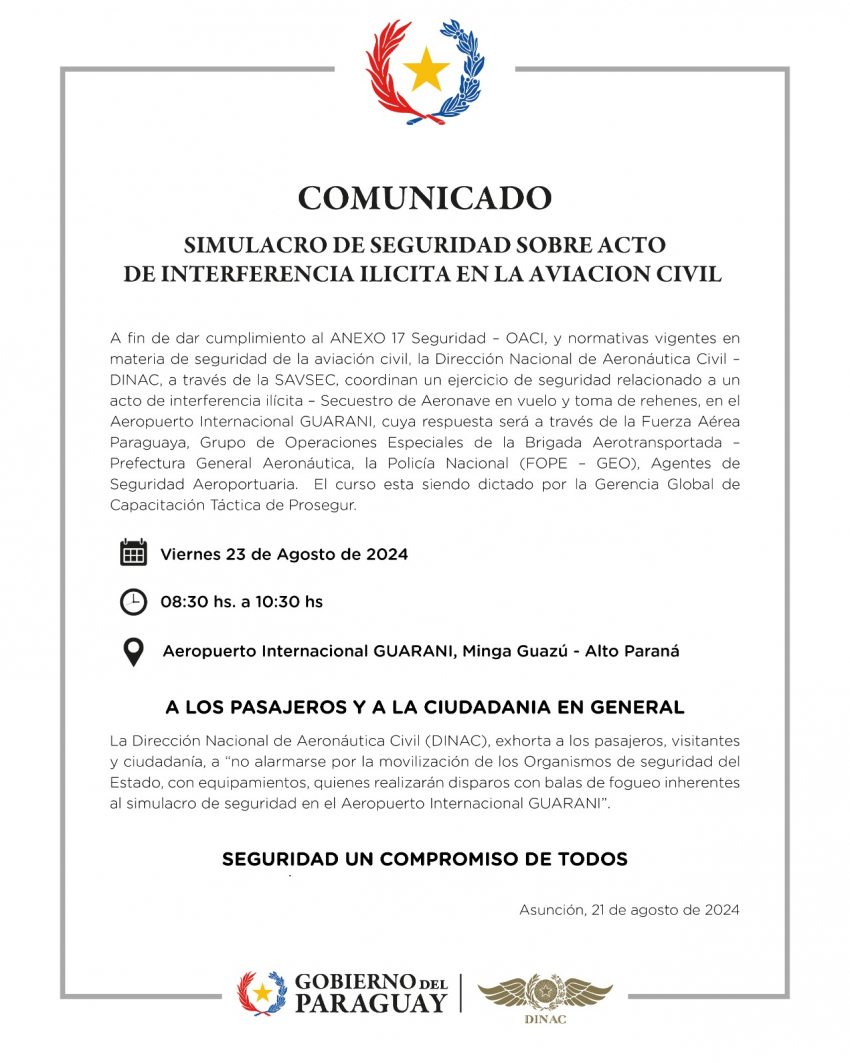 COMUNICADO: SIMULACRO DE SEGURIDAD SOBRE ACTO DE INTERFERENCIA ILÍCITA EN LA AVIACIÓN CIVIL