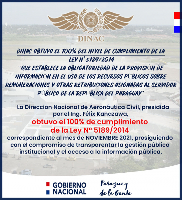 DINAC OBTUVO EL 100% DEL NIVEL DE CUMPLIMIENTO DE LA LEY N° 5189/2014