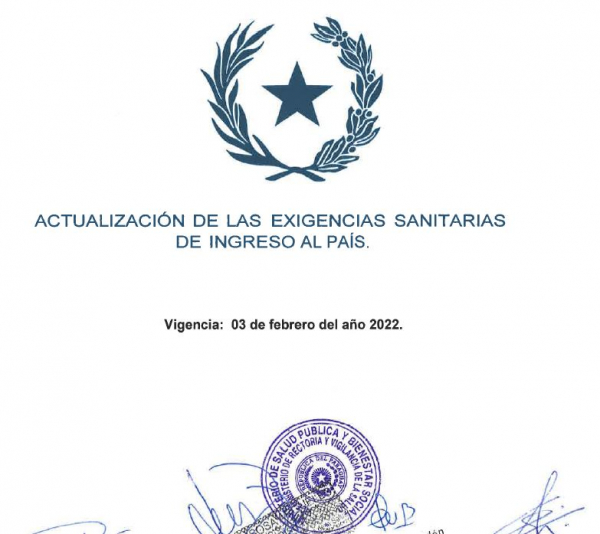 Actualización de las exigencias sanitarias de ingreso al País. VIGENCIA: 3/02/2022
