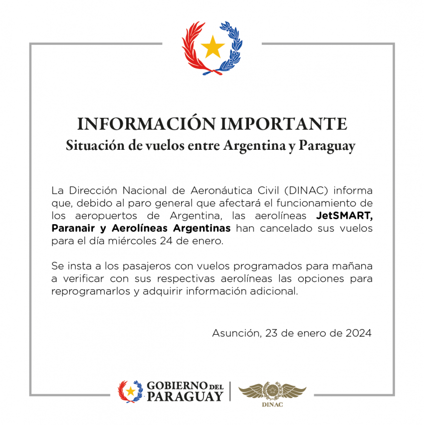 Información Importante: Situación de vuelos entre Argentina y Paraguay.-