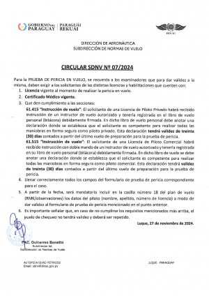 Circular SDNV N° 07/2024 - Prueba de Pericia en Vuelo