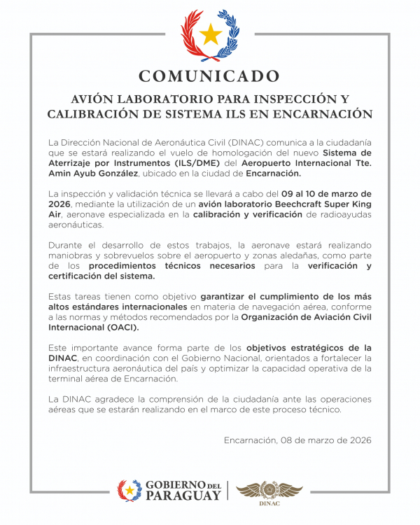 Avión laboratorio realiza inspección y calibración del sistema ILS en Encarnación