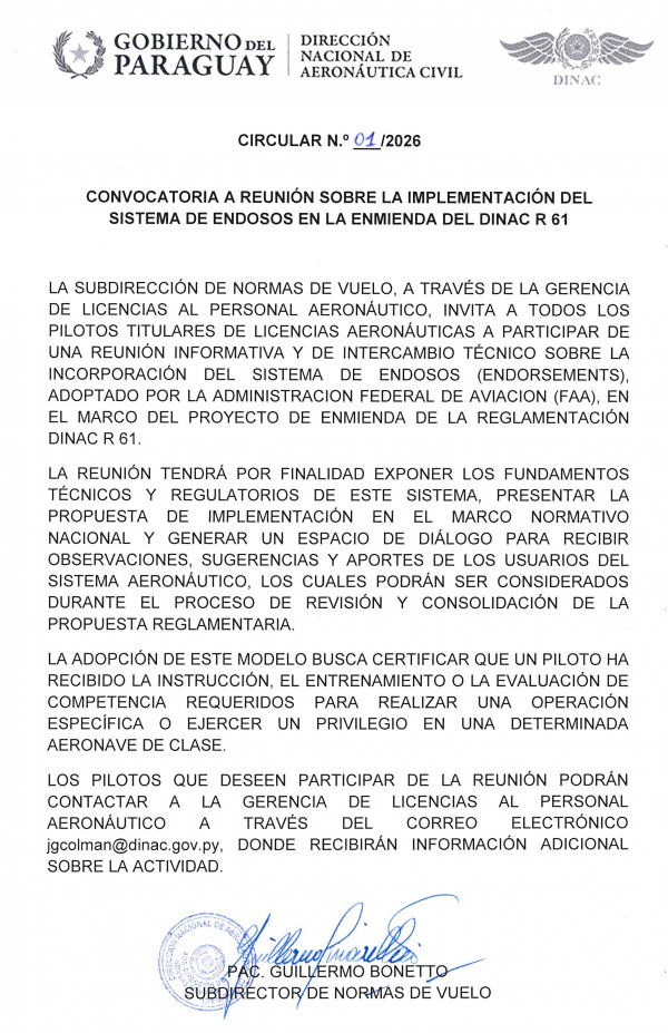 CIRCULAR N° 01 DE LA SUBDIRECCION DE NORMAS DE VUELO