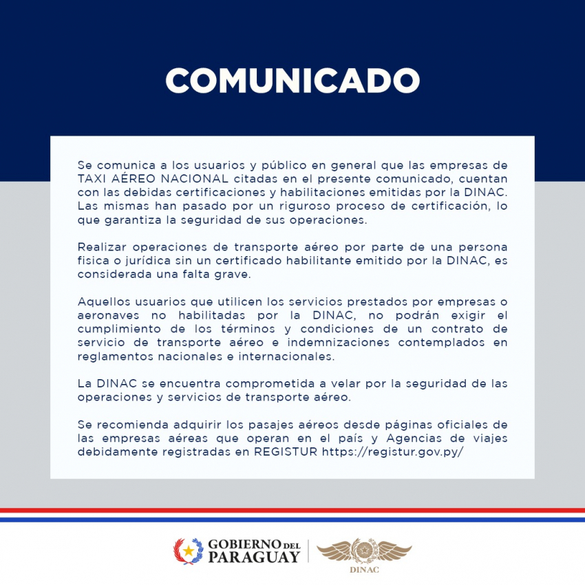 COMUNICADO OFICIAL - Taxi Aereo Nacional